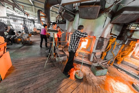 Belarus, Minsk, - March 01, 2018: Neman Glass factory. Glass factory workers on manufacture