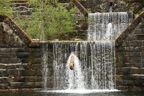 Retention basin in a mountain stream blocked by a log