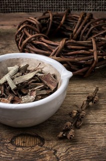 Medicinal licorice rolled in coil and aspen bark on wooden background.selective focus