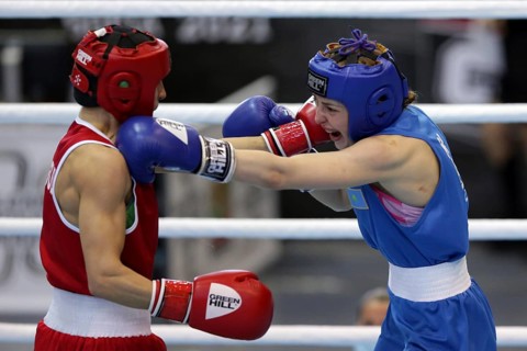 Sofia, Bulgaria. 27th February, 2021. Stoyka Krasteva (red) of Bulgaria and Angelina Lukas of