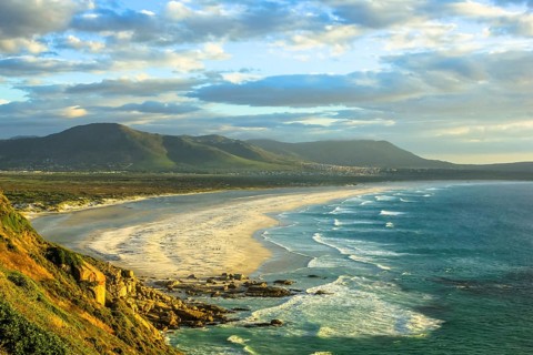 Spectacular aerial view of Noordhoek Beach, Table Mountain National Park, South Africa. Noordhoek