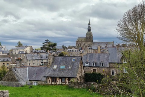 View of historic center of Dinan from hill, Brittany, France