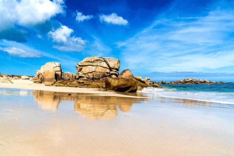 Scenic view of rocks formations in the beach of Kerlouan, Finistere, Brittany, France