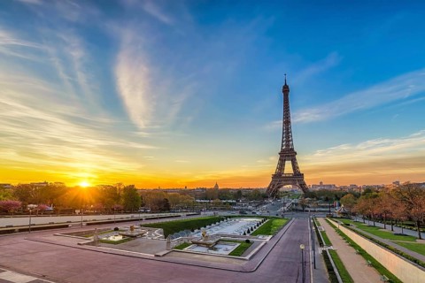Paris France sunrise city skyline at Eiffel Tower and Trocadero Gardens