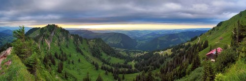 Panoramic view from the Nagelfluhkette to the foothills of the Alps, Nagelfluhkette, Allgäu. The