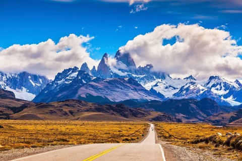 The road through desert. The highway crosses Patagonia and conducts to majestic Mountains Fitzroy