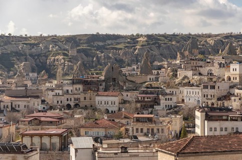 A picture of the town of Goreme and the landscape of the Goreme Historical National Park, in
