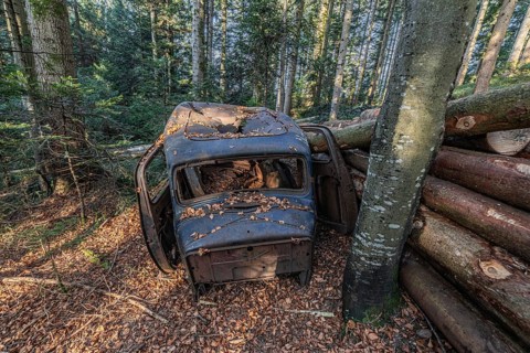 Wrecked carHudson Terraplane K Tourer Sedan built in 1935 that has been sitting in a forest for