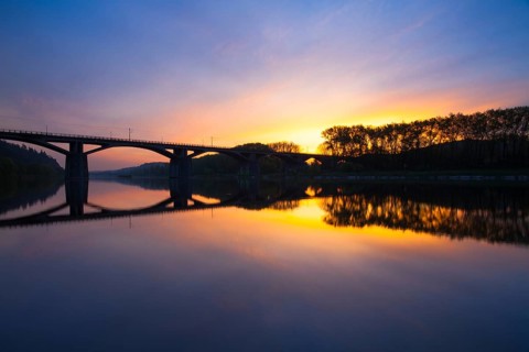 Branik bridge at sunrise. This bridge widely known as Bridge of intelligence is a rail and