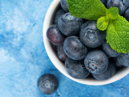 Freshly picked blueberries closeup. Ripe and juicy fresh blueberry with green mint leaves on