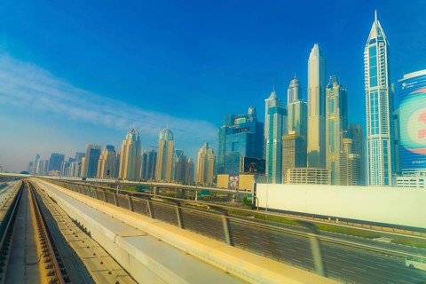 UAE Dubai skyline visible from the Dubai Metro. Shooting Location: Dubai