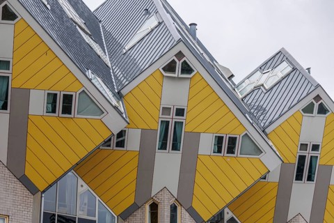 Cube houses in modern architectural style with striking yellow and grey facades, rotterdam, the