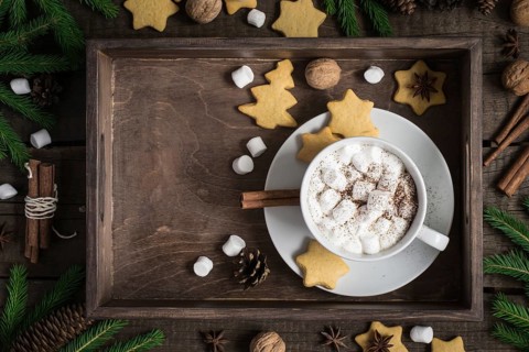 Cup of cocoa with marshmallow and a cookie in the form of stars. Christmas decor