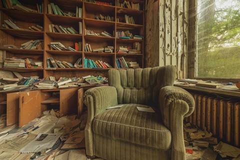A green armchair in front of a messy bookshelf in an abandoned room, Lost Place, urologist's villa