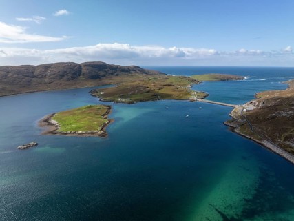 Causeway, causeway to Vatersay, drone shot, Caolas, Isle of Barra, Hebrides, Scotland, Great