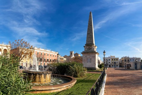 Ciutadella, Spain, 26 January, 2024: view of the Ciutadella Obelisk and the Plaza Born in the