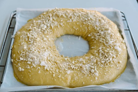 Close Up Of making of sweet bread ringed dessert On oven plate. Called roscon is typical in spanish