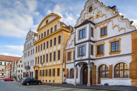 Historic houses on Karlsplatz in Neuburg an der Donau, Germany