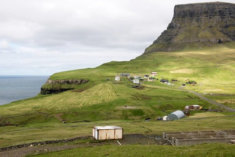 Gasadalur on the Faroe Islands as seen from the street leading towards the village on Vagar,
