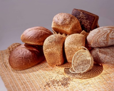 Still life with different kinds of bread and pastry on a studio background, Moscow, Russian