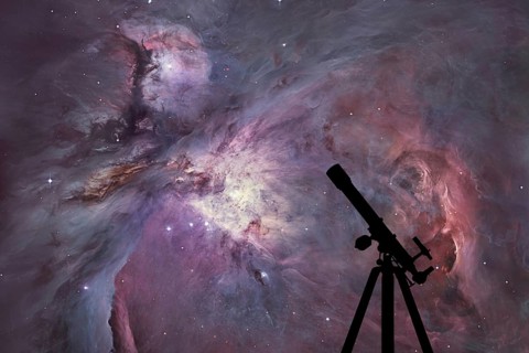 Space background with silhouette of telescope. The Orion Nebula Messier 42 diffuse nebula in