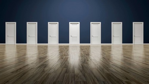 3d rendering of a room with seven doors to choose