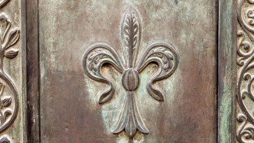 Close up of rustic old door in Spoleto, Italy