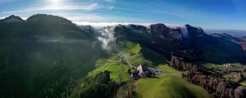 Fog river at the Chilchzimmersattel, right edge at the Geissflueh, drone image, Basel-Landschaft,