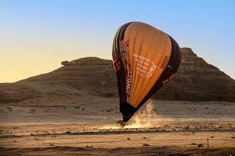 Landing with balloon at the Unesco site Maidain Saleh or Hegra, Al Ula, Kingdom of Saudi Arabia