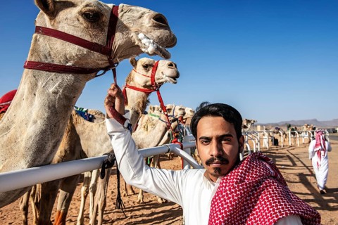 Sheikh with his racing camel at the Al Ula Camel Cup in the Mughayra Heritage Sports Village, Al