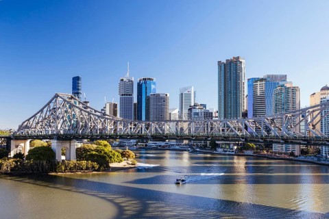 BRISBANE, AUSTRALIA, JULY 29, 2023: Brisbane skyline and Story Bridge from the suburb of New Farm