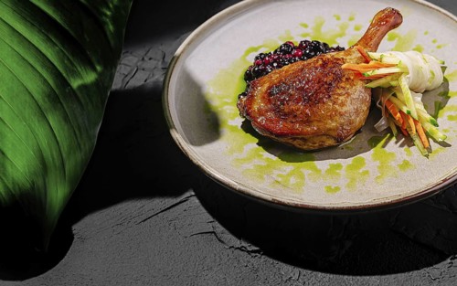 Food, A beautifully plated crispy duck leg rests on a bed of berry sauce, accompanied by julienned