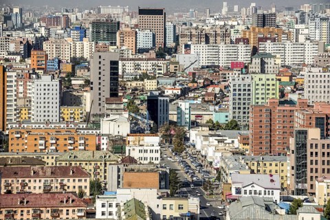 City centre of Ulaanbaatar, the capital of Mongolia from the air, with houses and skyscrapers in a