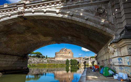 Rome Italy on October 6th, 2019 Tents of homeless people under the Ponte Vittorio Emanuele II