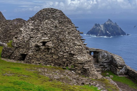 Clochans, stone cells. monastery at the top, Skellig Michael island, Mainistir Fhionáin (St.