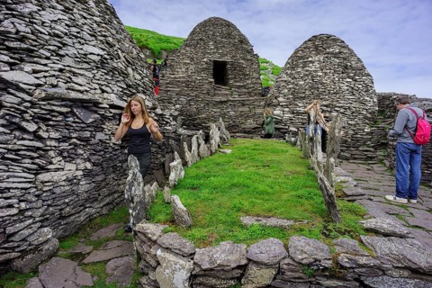 Clochans, stone cells. monastery at the top, Skellig Michael island, Mainistir Fhionáin (St.