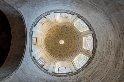 Vannes, France, August 6, 2018: Direcly below view of the dome of the chapel of St. Vincent Ferrer