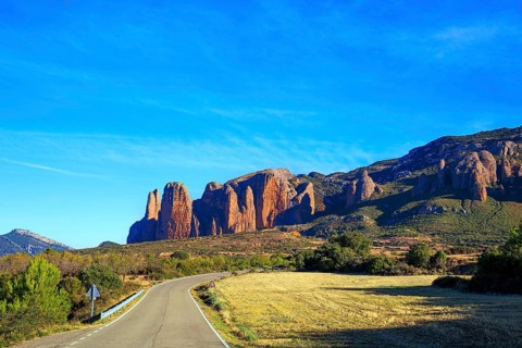 The magnificent Mallets of Riglos is a conglomerate of rock formations. Scenic paved highway.