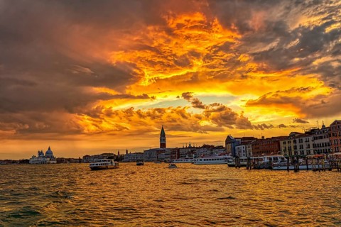 View of evening Venice from the ship at the golden hour