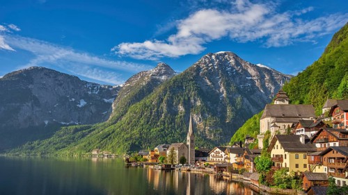 Hallstatt Austria, Nature landscape panorama of Hallstatt village with lake and mountain