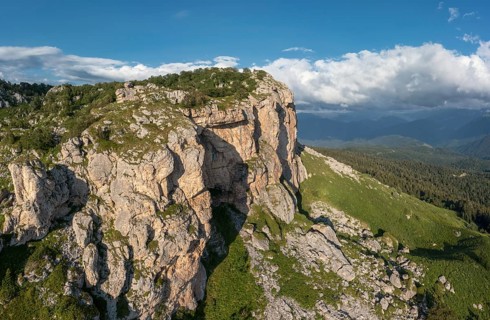 Aerial summer landscape with cliff plateau in Caucasus Mountains, Russia