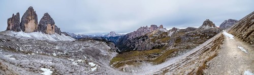 Panoramic view of the famous peaks of the Dolomites, Tre Cime di Lavaredo National Park, Dolomiti
