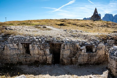 Remains of military baracks on Mount Piano in the Dolomite Alps, built during the First World War,
