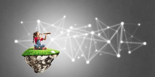 Cute smiling girl on floating island presenting social connection concept