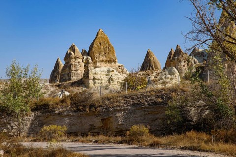 Rock formations of mountain ridges, valleys and pinnacles at Göreme National Park, Cappadocia,
