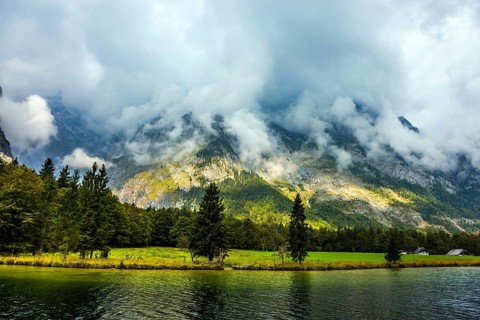 Königssee - the cleanest lake in Germany, Bavaria. Walking route along the lake shore. The lake is