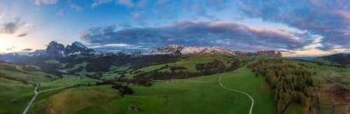 Panoramic view from the Seiser Alm to the Dolomites in Italy, drone shot
