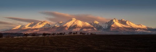 Panorama of the foothills of the High Tatras at sunrise, Slavskovsky and Lomnicky peaks
