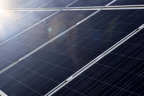 Solar power. Photovoltaic system with sun light and lens flare. Alternative energy
