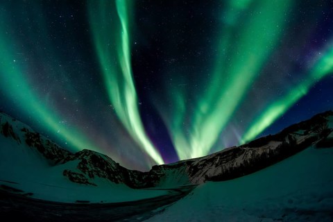 Fascinating northern lights in the night sky over a snowy landscape, Iceland